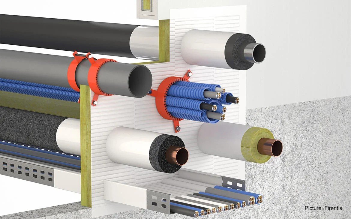 Passive fire protection penetration seal complying with SBC 801 and Civil Defense standards in Saudi Arabia.