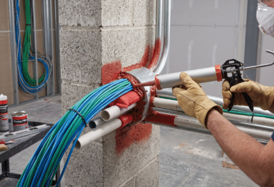 Firestopping installation sealing cable penetrations in a fire-rated wall, Saudi Arabia