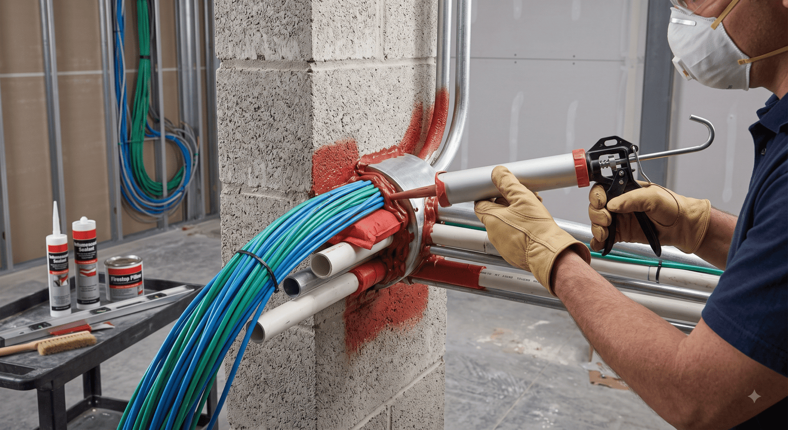 Firestopping installation sealing cable penetrations in a fire-rated wall, Saudi Arabia