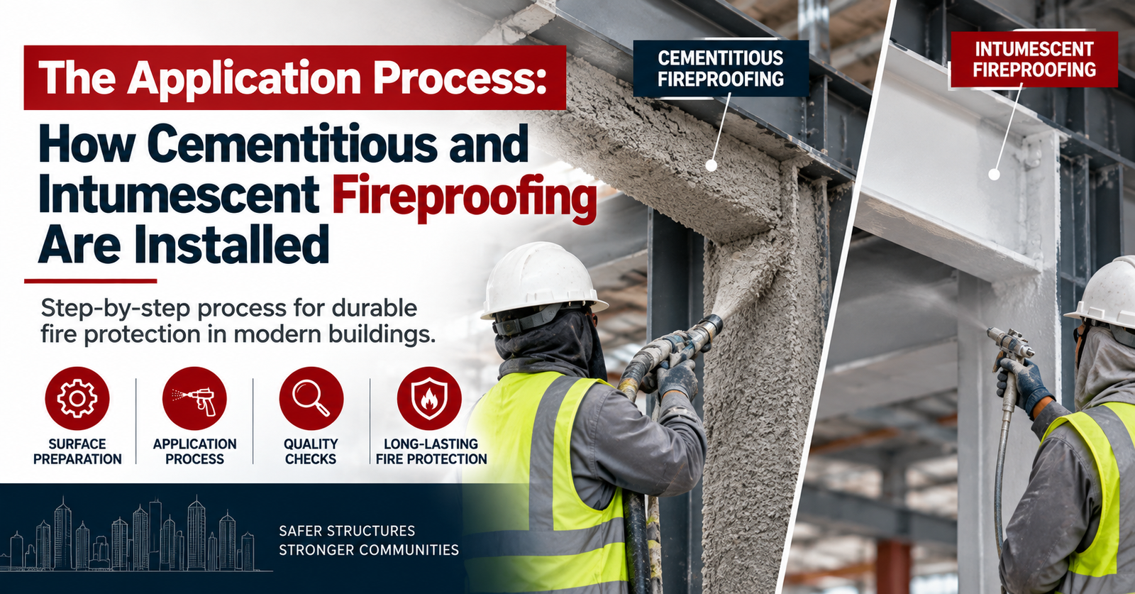 Cementitious and intumescent fireproofing application process